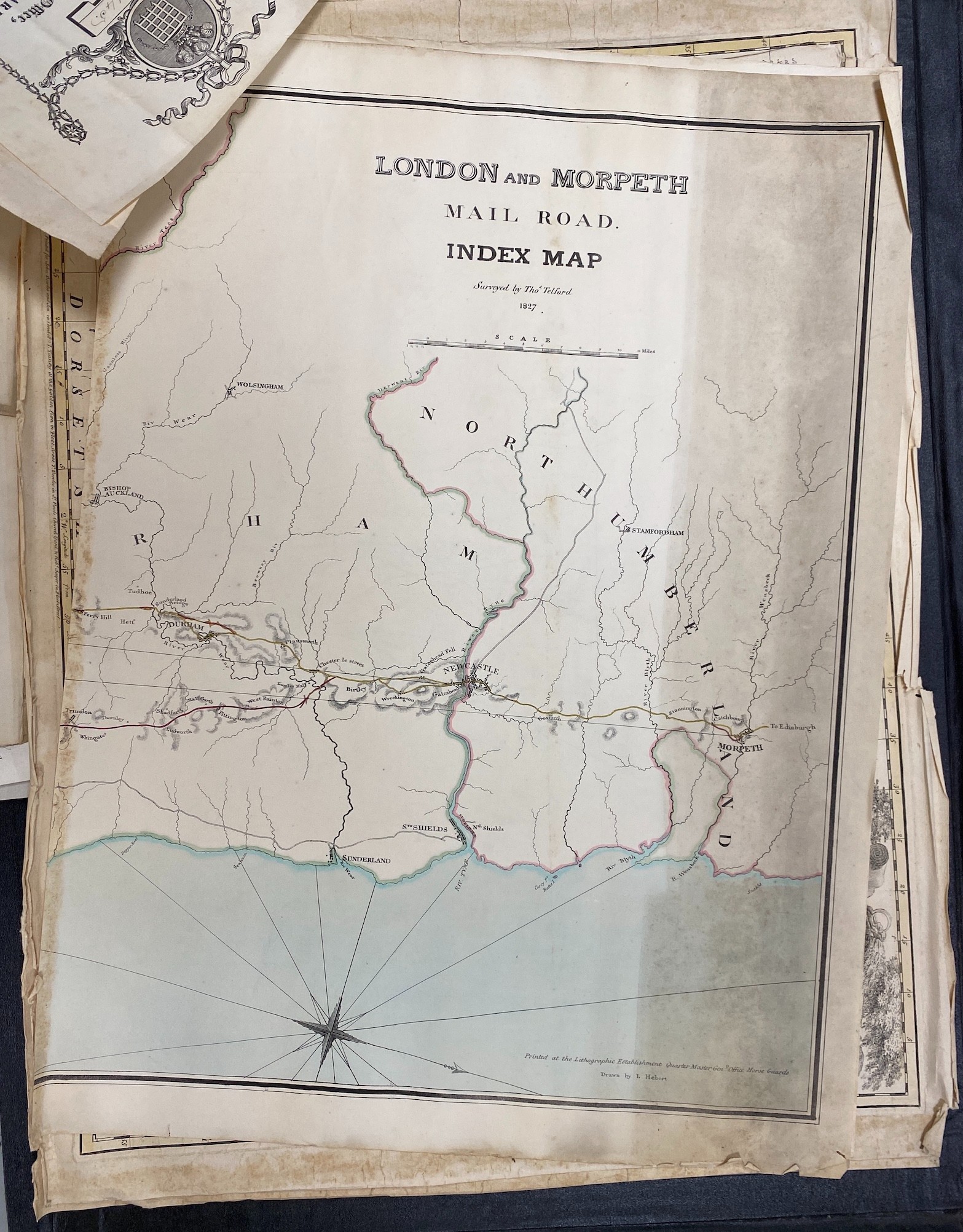 A folio of various engraved maps, coloured in outline, including the County of Somerset; the County of Wilts, both by Emanuel Bowen, Thomas Telford’s London to Morpeth Mail Road Index Map, 1827, on 18 sheets, sundry 18th